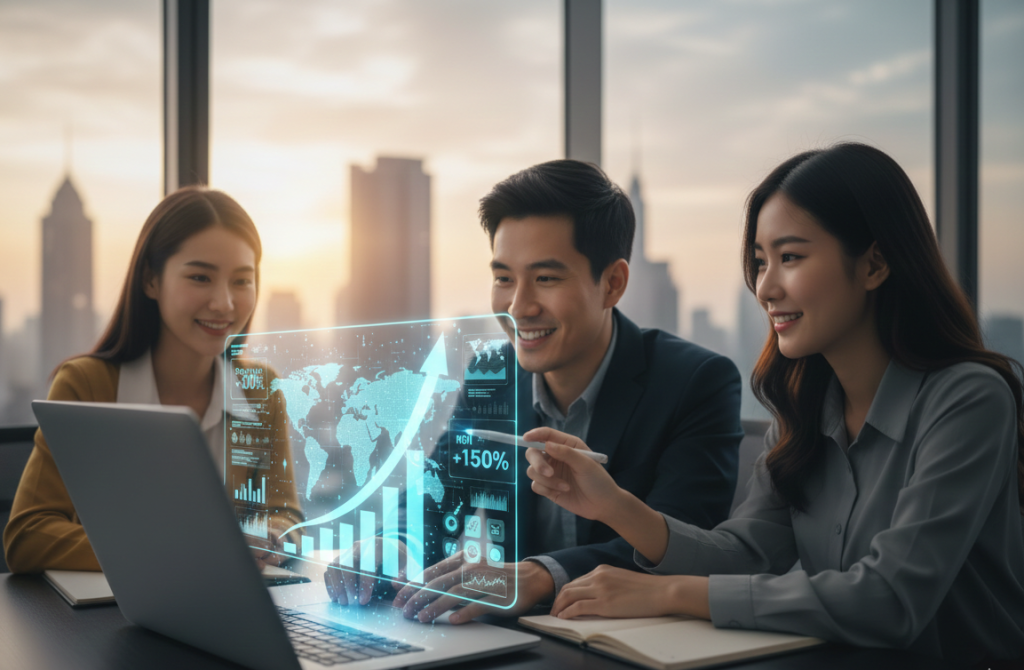 A professional team in a modern office analyzing a holographic data display showing a +150% growth arrow and a global map, representing revenue scaling through a high-performance digital marketing agency.