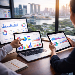 Marketing professionals reviewing digital marketing analytics on laptop and tablet in a modern office with Singapore skyline in the background.