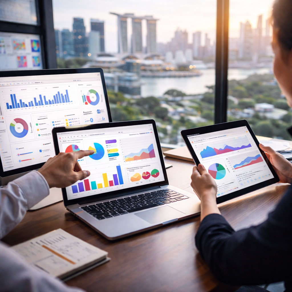 Marketing professionals reviewing digital marketing analytics on laptop and tablet in a modern office with Singapore skyline in the background.