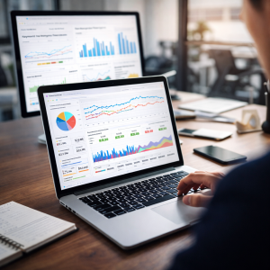 Laptop displaying website analytics dashboards and keyword ranking charts while a marketer analyzes SEO performance data in a modern office.