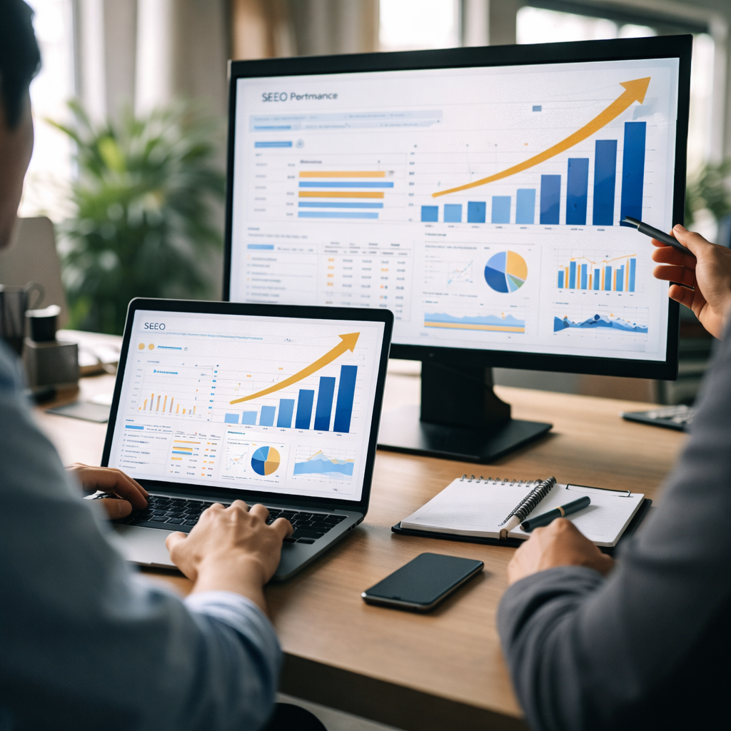 Digital marketing team analyzing SEO performance with search ranking charts and website analytics dashboards on laptop and monitor in a modern office.