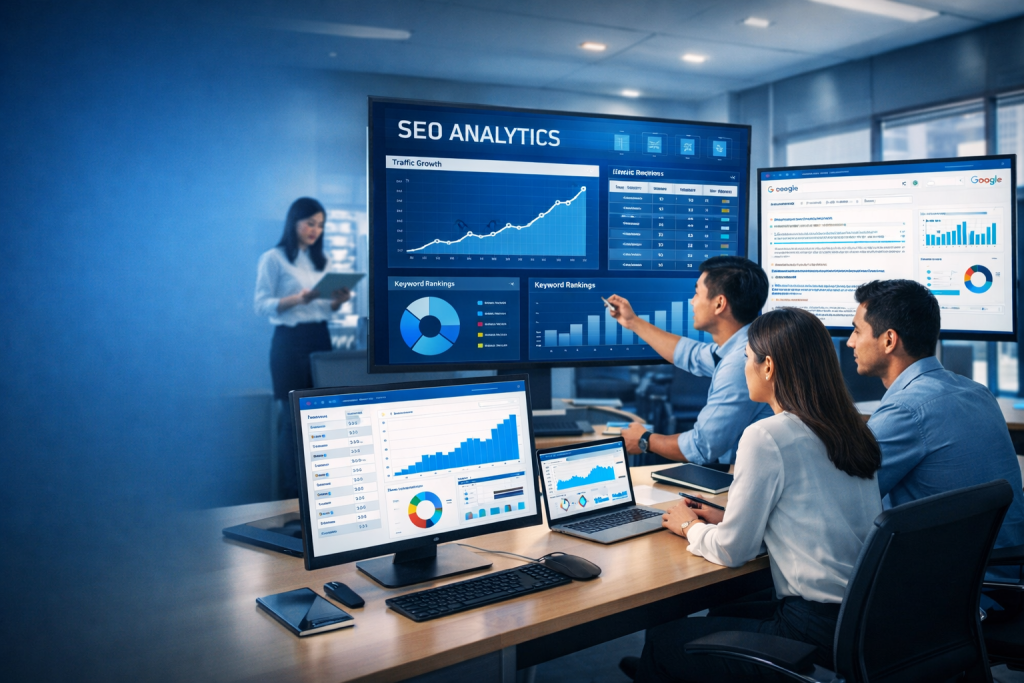 Professional SEO marketing agency team in Singapore analyzing Google search rankings, keyword data, and traffic growth dashboards in a modern office