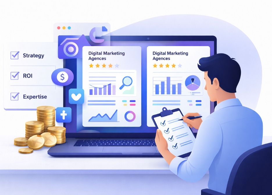 A business owner evaluating digital marketing agencies using analytics, SEO data, and performance metrics