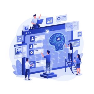 A blue-themed 3D illustration of a marketing team managing an AI-powered editorial calendar, with icons for video, data, and social media surrounding a central digital brain.