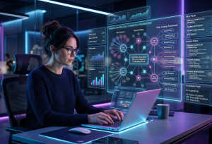 A professional woman working on a laptop in a futuristic, dark office with neon blue and purple lighting. Large holographic screens float in front of her, displaying complex digital marketing data including topic clusters, keyword maps, SEO performance metrics, and content pillar frameworks. The scene has a high-tech, cinematic atmosphere with sharp detail and depth of field.