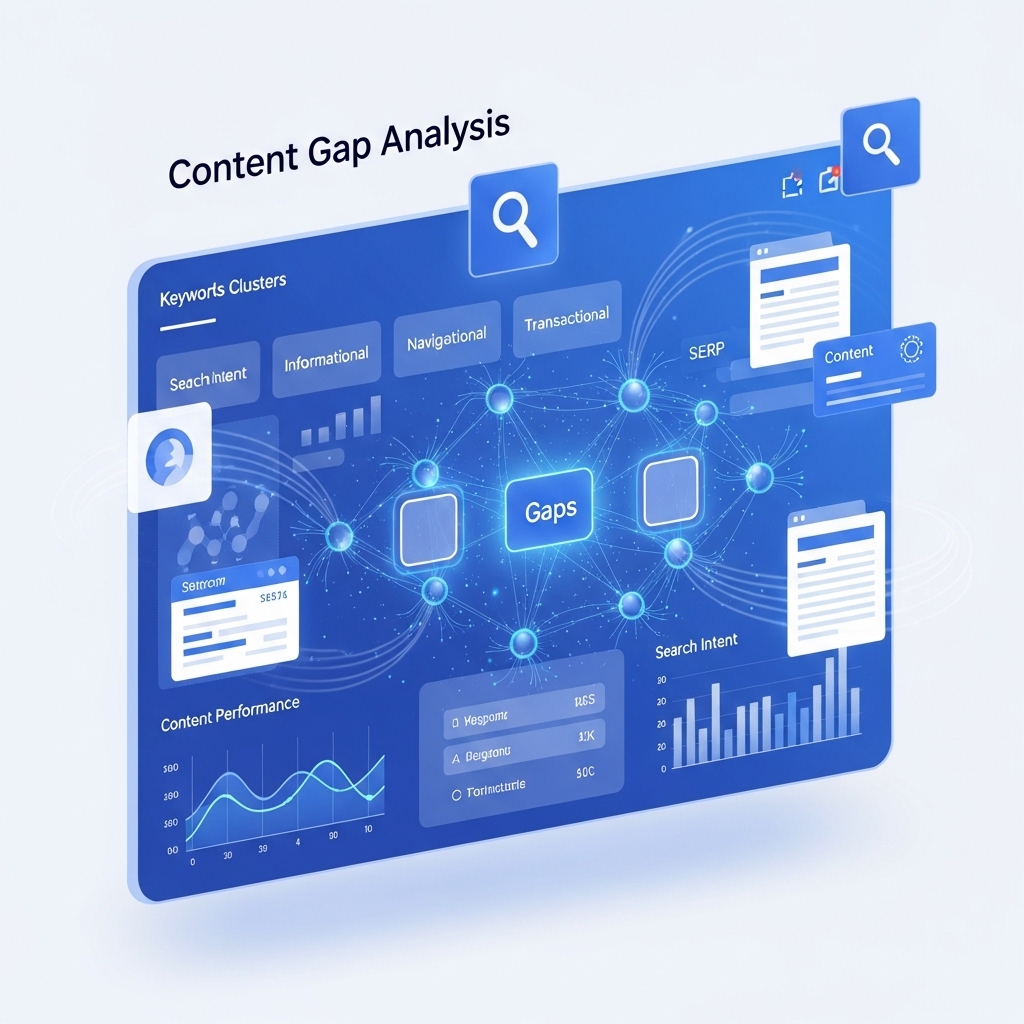 A 3D digital dashboard illustration of a Content Gap Analysis, showing keyword clusters, search intent categories, and data visualization charts in a blue tech style.
