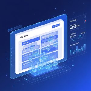 A high-tech glowing interface showing SEO performance metrics, page speed data, and heading structures (H1, H2) with blue holographic bar graphs and line charts on a dark background.