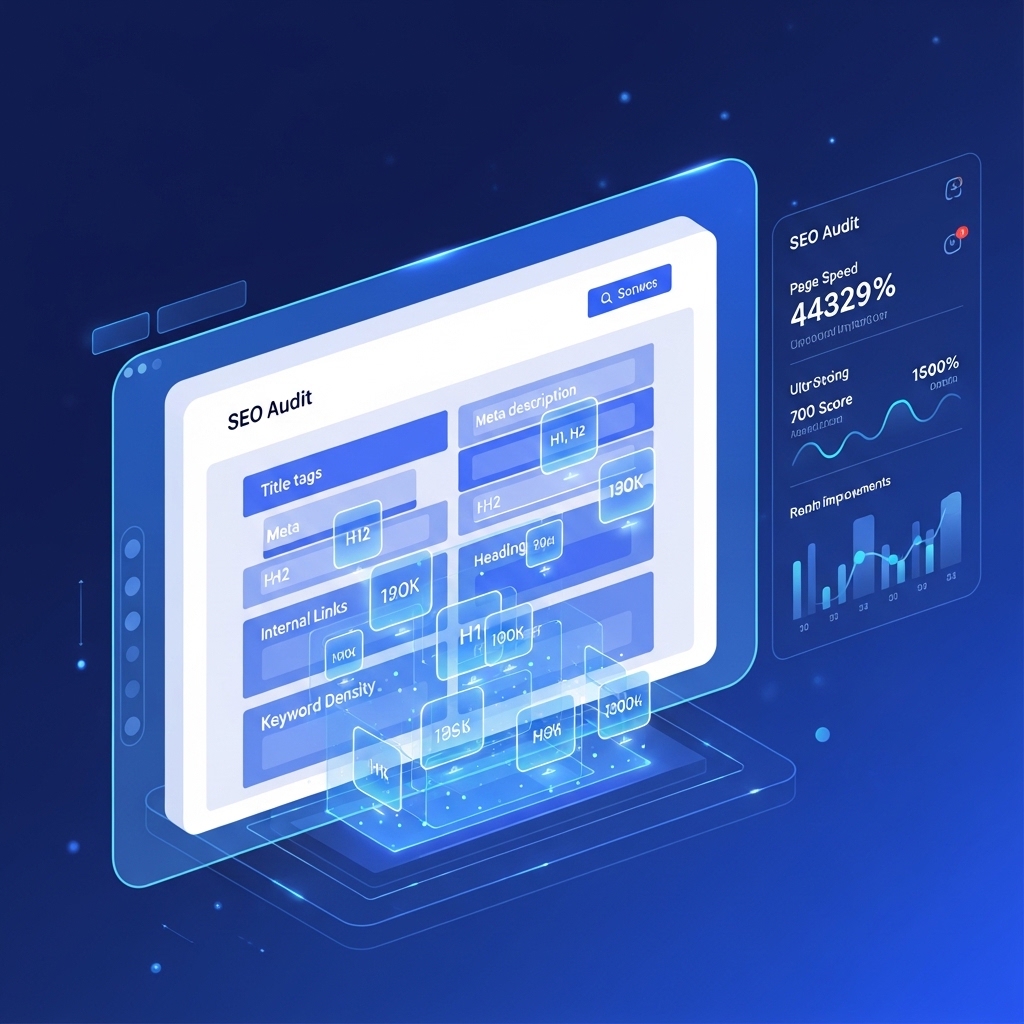 A high-tech glowing interface showing SEO performance metrics, page speed data, and heading structures (H1, H2) with blue holographic bar graphs and line charts on a dark background.