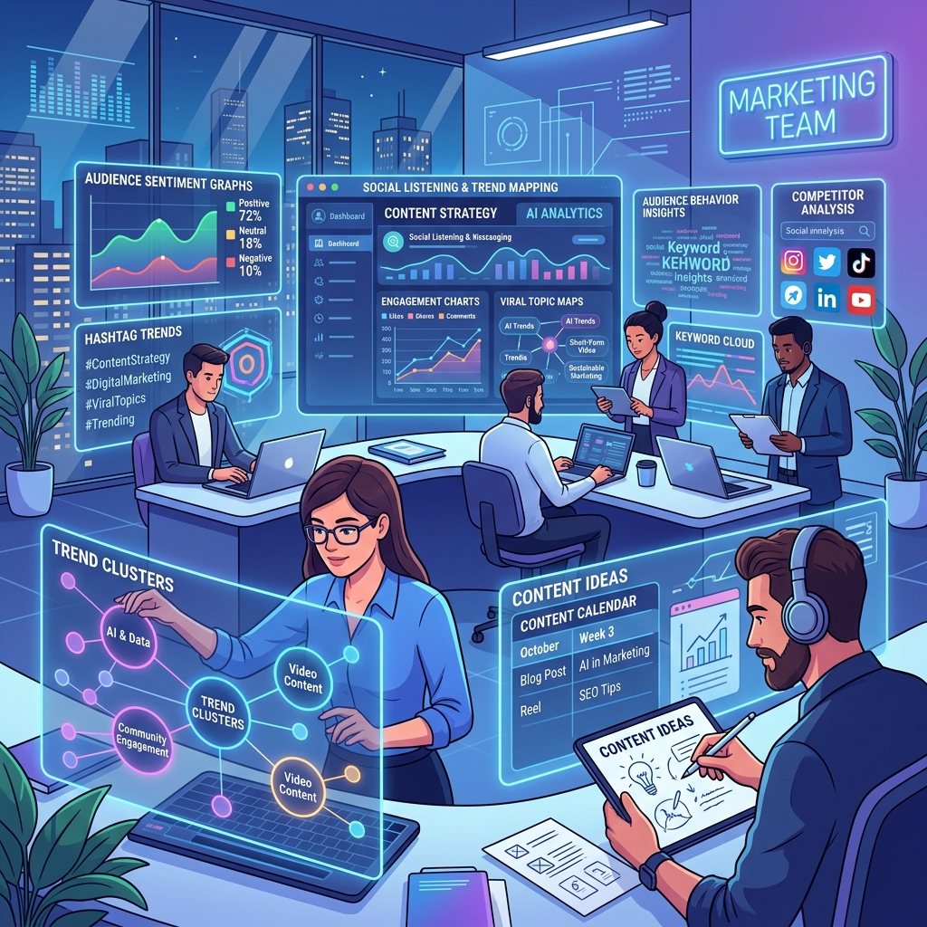 A marketing team in a high-tech office using glowing holographic displays to analyze social listening data and trend clusters.