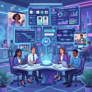 A marketing team collaborating around a table with holographic displays showing AI-driven influencer matching, campaign performance, and audience analytics.