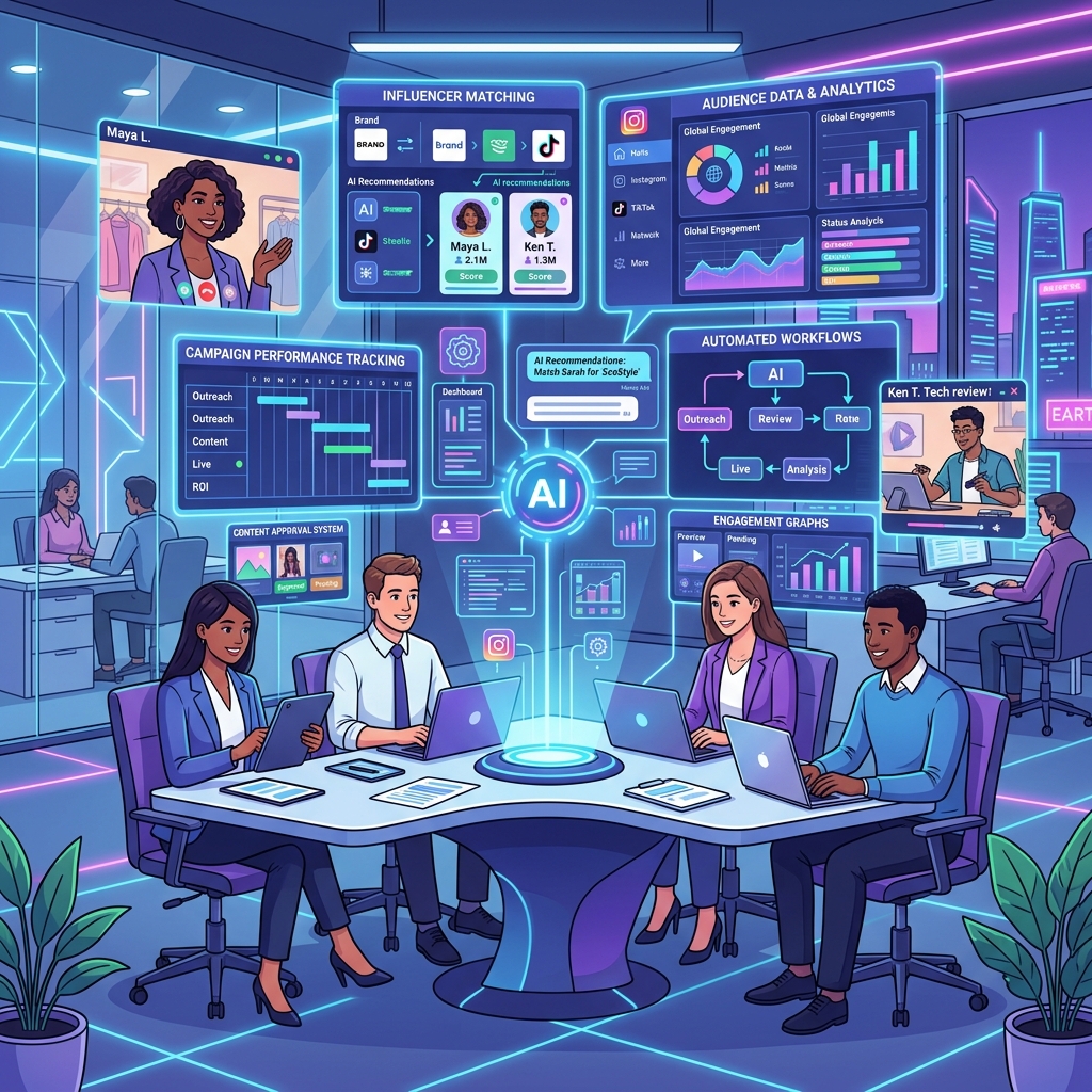 A marketing team collaborating around a table with holographic displays showing AI-driven influencer matching, campaign performance, and audience analytics.