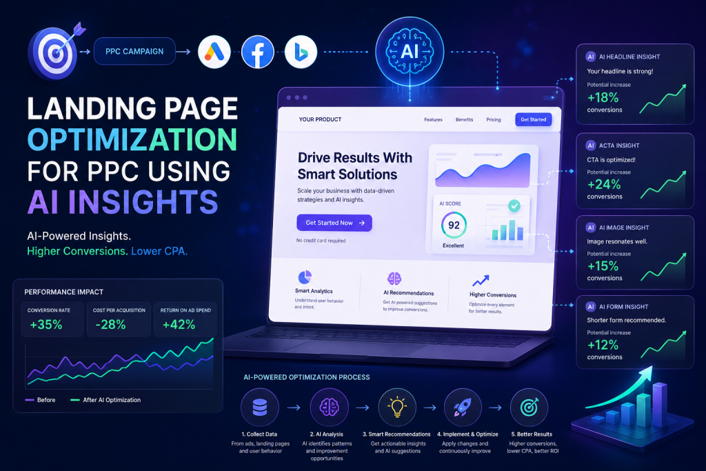 Illustration of AI-powered landing page optimization for PPC campaigns showing analytics dashboard, conversion insights, performance metrics, and machine learning recommendations.