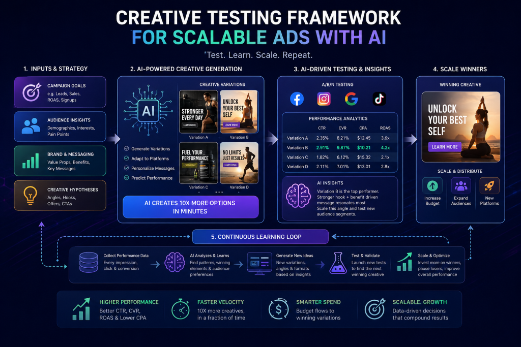 Illustration of an AI-powered creative testing framework showing ad concept generation, A/B testing, performance analytics, audience insights, and campaign scaling for digital advertising.