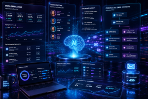 Futuristic AI-powered email marketing dashboard showing customer segmentation, personalized email journeys, predictive analytics, engagement metrics, and automated campaign optimization.
