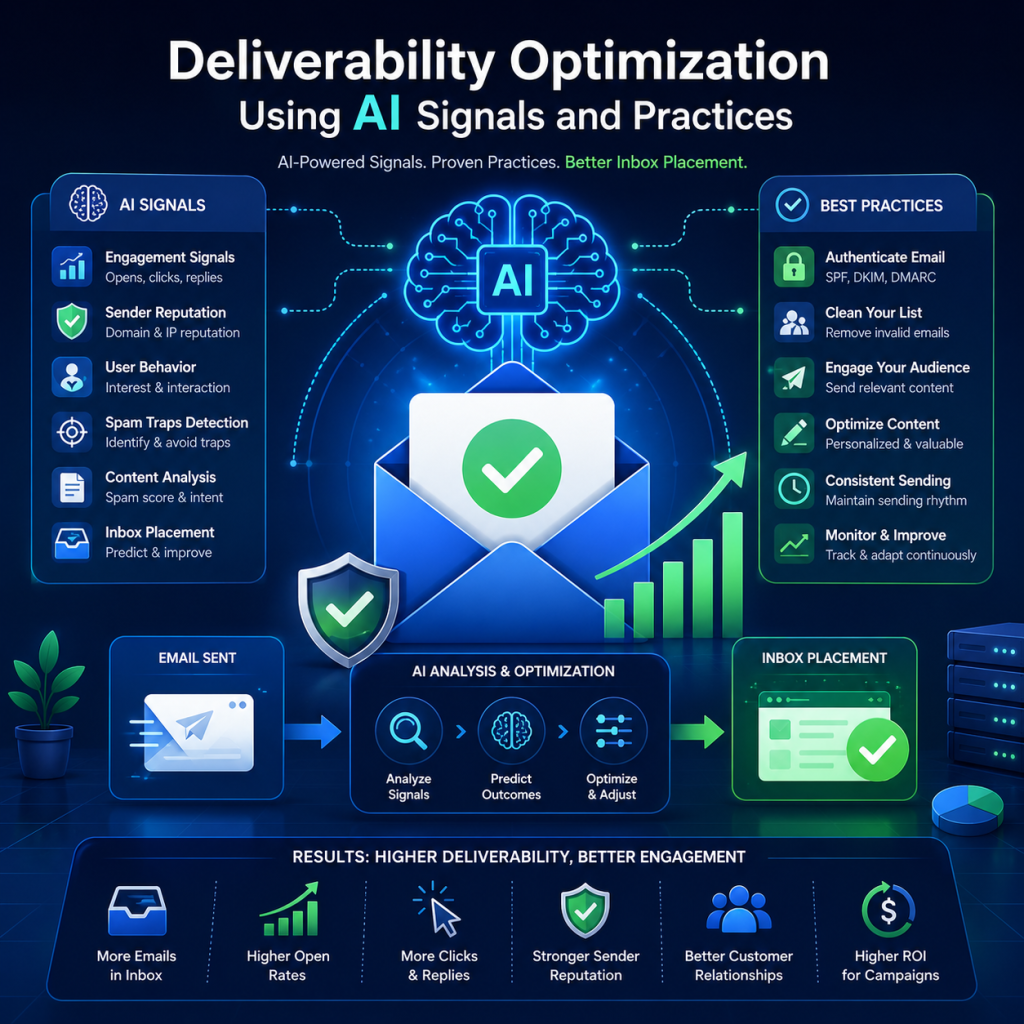 Flat vector illustration showing AI-powered email deliverability optimization with inbox placement, sender reputation, engagement signals, analytics dashboards, and email marketing best practices.