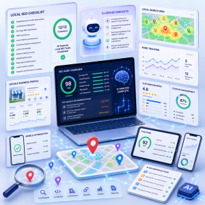 Square isometric illustration featuring an AI-powered Local SEO dashboard with optimization checklists, local search map, keyword ranking charts, Google Business Profile-style interface, customer reviews, citation management, page speed metrics, and AI recommendations.