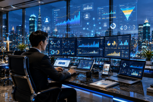 A premium digital marketing agency office featuring SEO analytics, PPC dashboards, social media campaigns, AI automation, and business growth visualization.