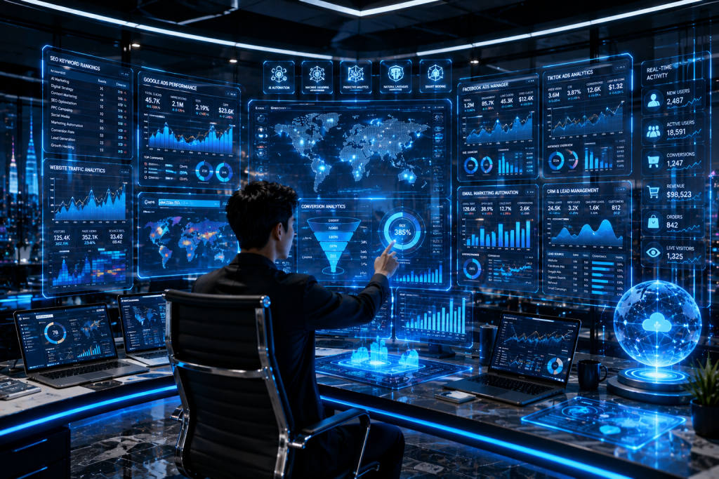 A futuristic marketing command center with holographic analytics, AI automation, SEO dashboards, advertising platforms, and advanced business intelligence.