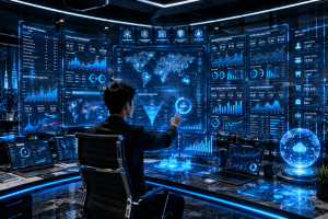 A futuristic marketing command center with holographic analytics, AI automation, SEO dashboards, advertising platforms, and advanced business intelligence.