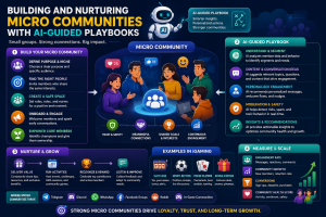 Illustration showing how AI-guided playbooks help build and nurture micro communities through audience segmentation, personalized engagement, content ideas, moderation, community activities, rewards, and performance tracking across platforms such as Telegram, Discord, WhatsApp, Facebook Groups, Reddit, and in-game communities.