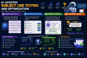 Illustration showing an AI-assisted email subject line testing workflow with AI-generated ideas, A/B testing, performance analysis, winning subject line selection, optimization, open-rate improvements, best practices, and AI tools for iGaming marketing campaigns.